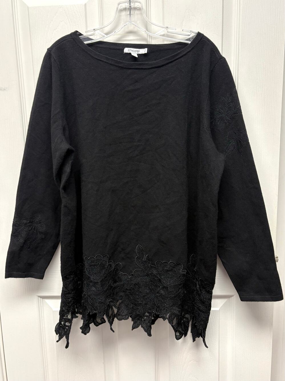 Chico’s Sweater Black Knit Lace Hem Beaded Long Sleeve Detail Size 3 or XL